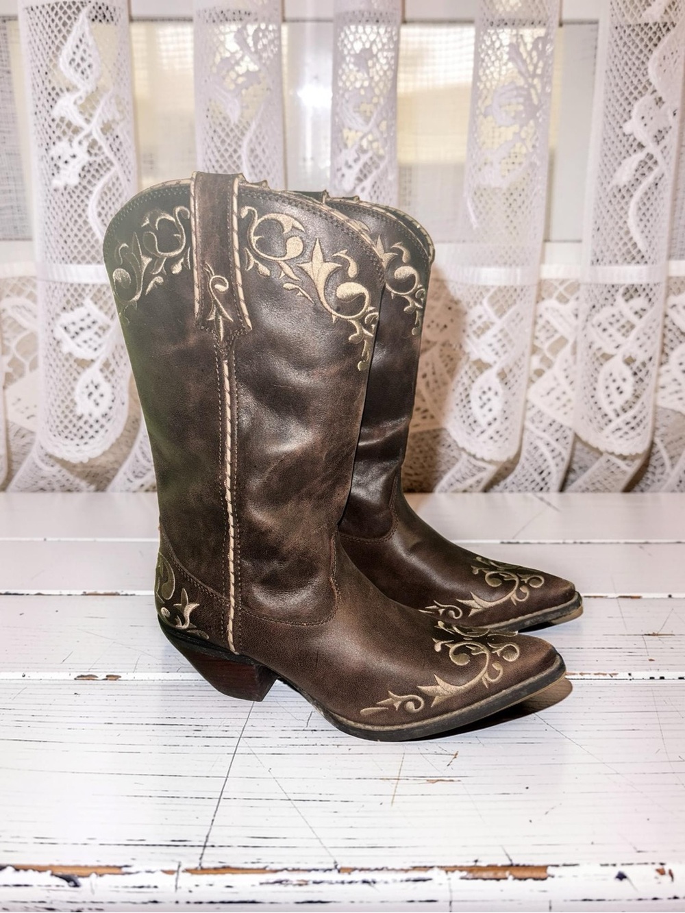 Durango Boots Crush Scroll Western Women 10 M Brown Distress Leather Pointed Toe